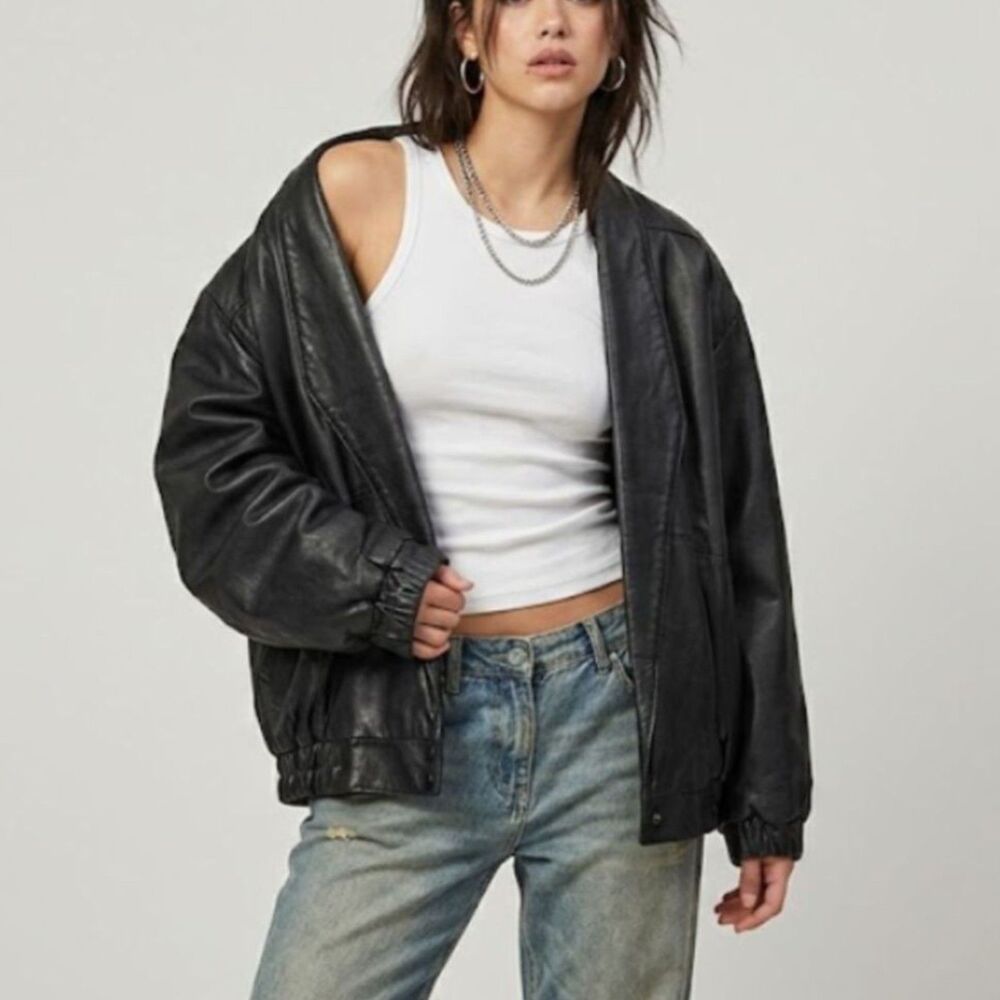 Comint 90s Leather Black Collared Bomber Blazer Jacket Baggy Oversized Lge Retro